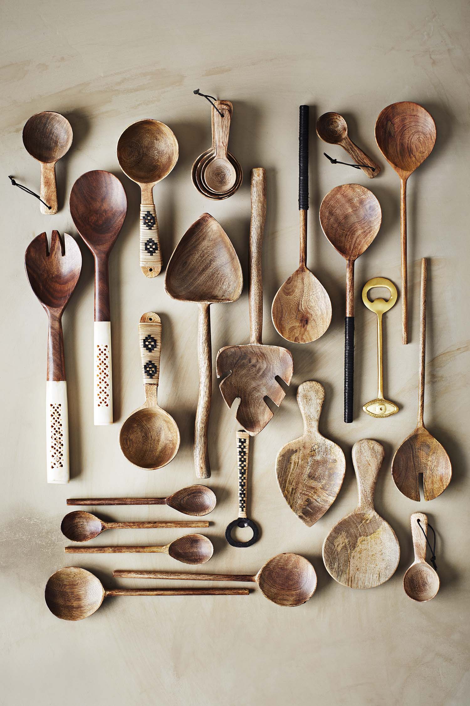 Serving spoon, wood & rattan