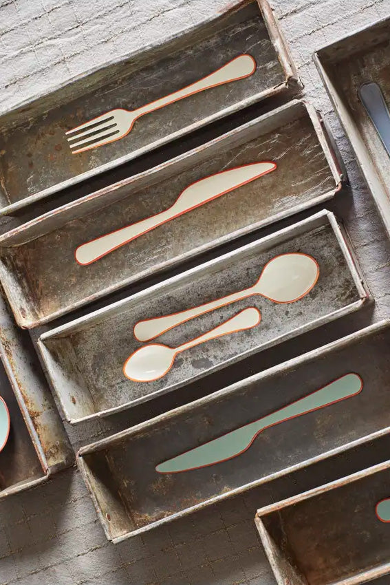 Cutlery set, Enamel, Green & Orange