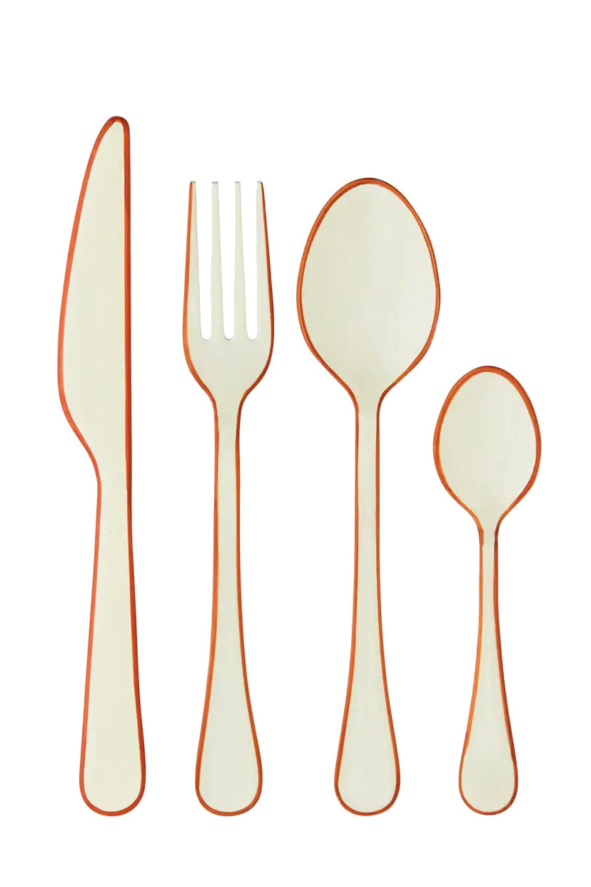 Cutlery set, Enamel, Off-white & Orange
