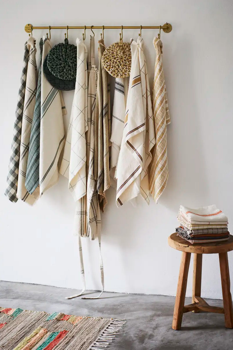 Kitchen towel, off white with sage & green stripes