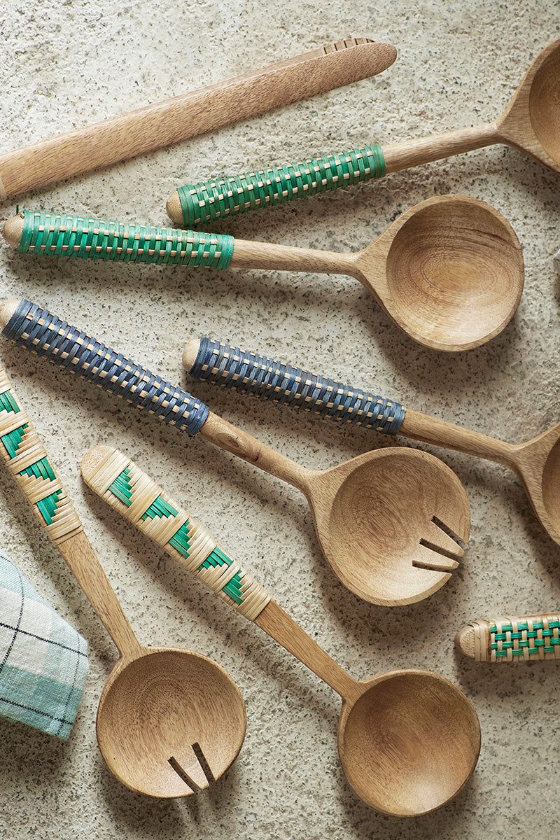 Wooden salad set/ with Cane, green triangles