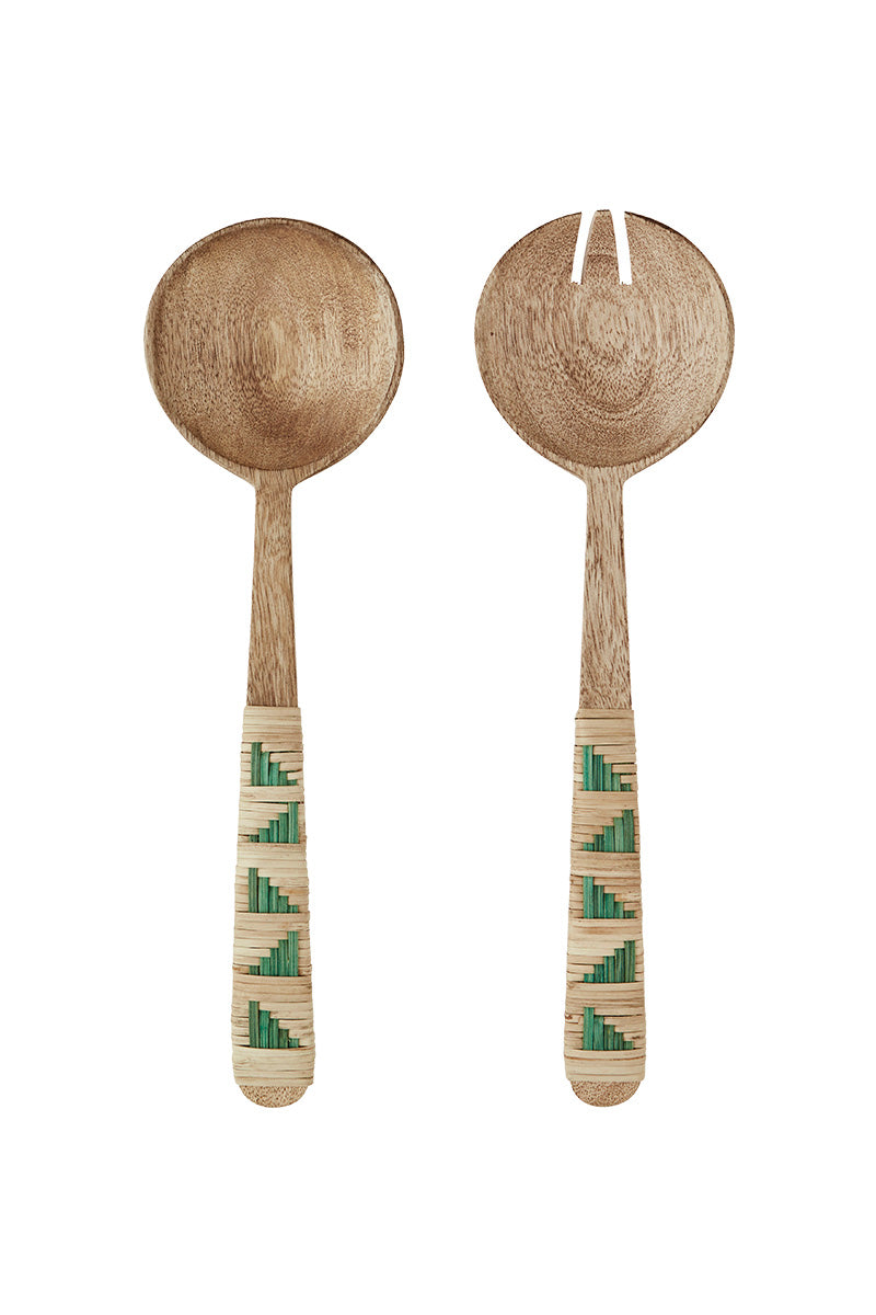 Wooden salad set/ with Cane, green triangles