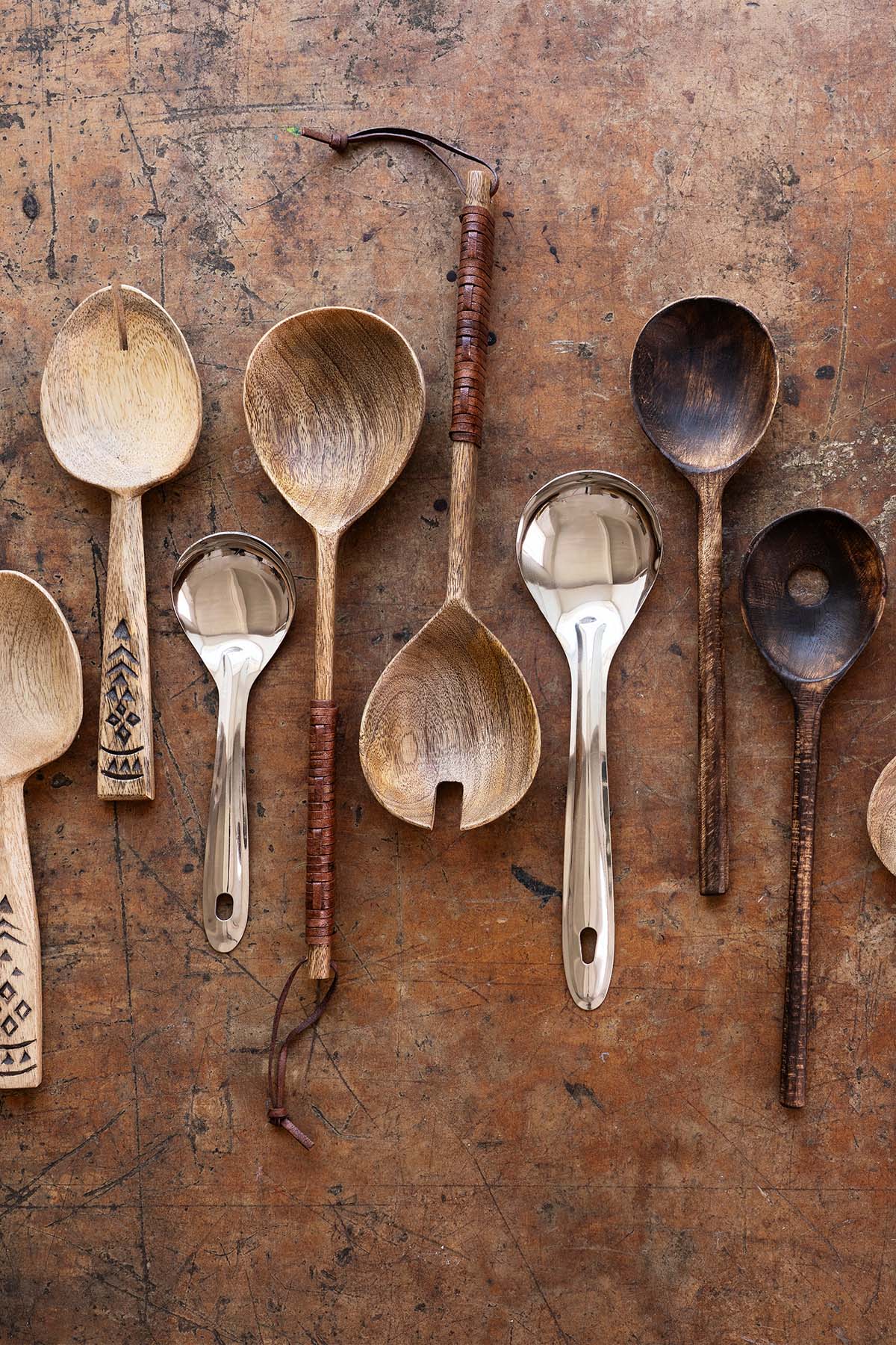 Wooden salad set/ with Cane, Leather
