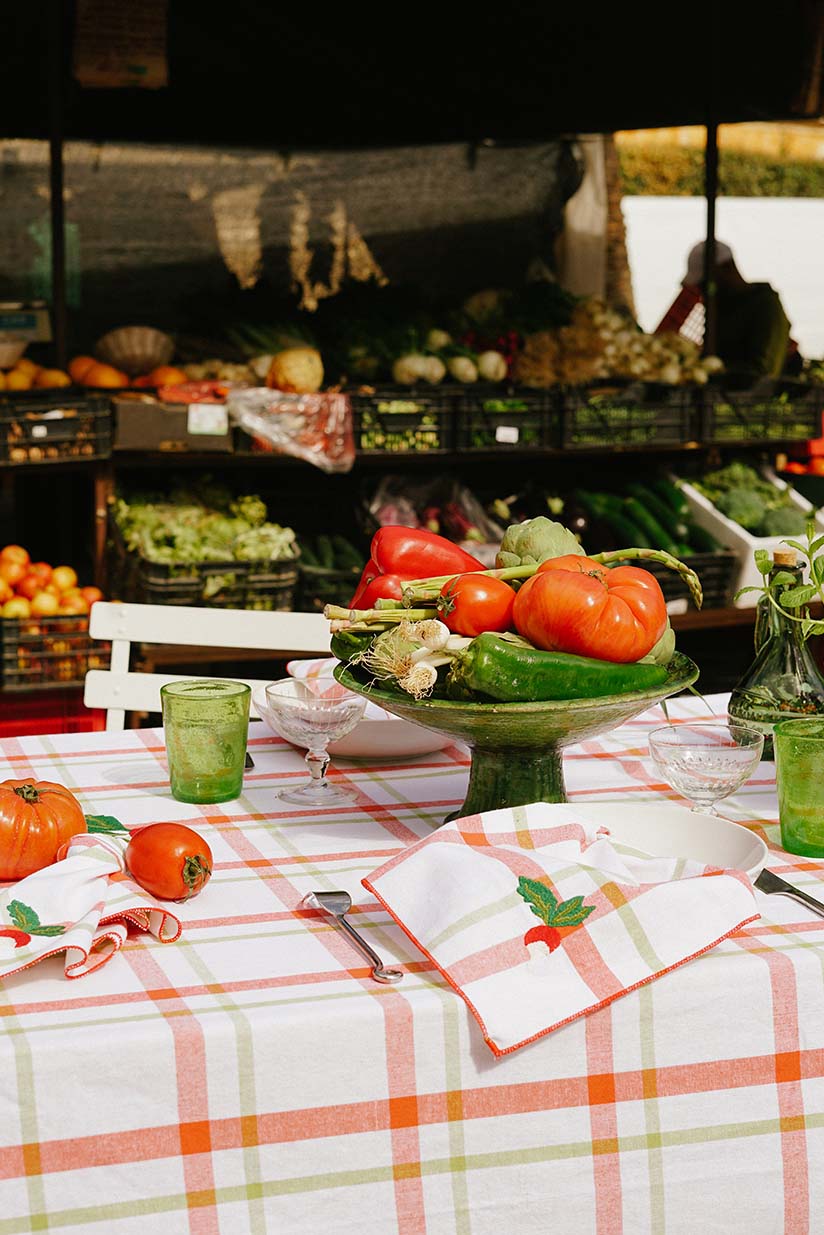 Tablecloth, Green & peach checkered w/ embroidered radish