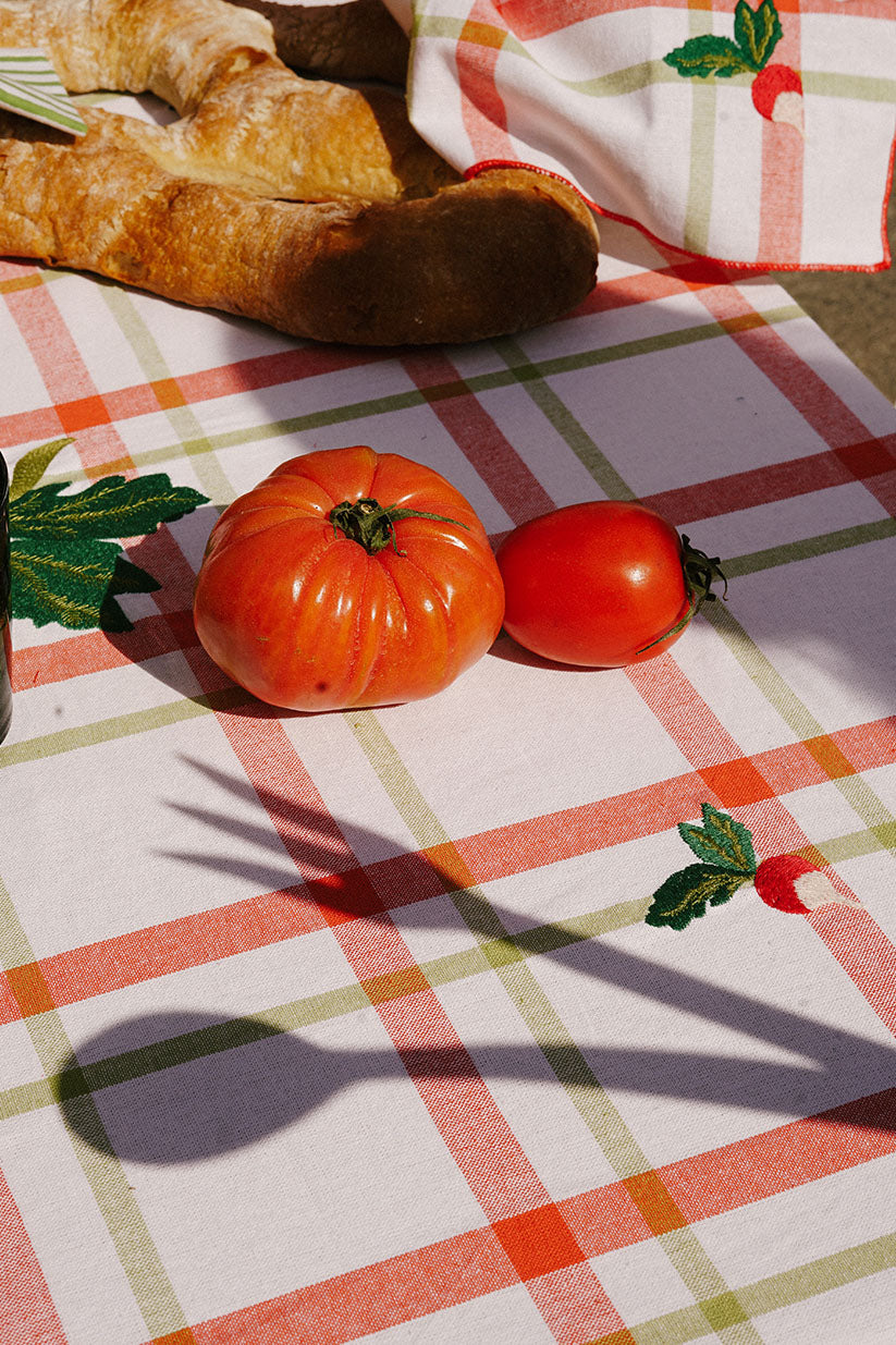 Tablecloth, Green & peach checkered w/ embroidered radish
