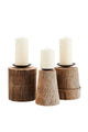 Candle holder, old wood cylindrical, set of 3