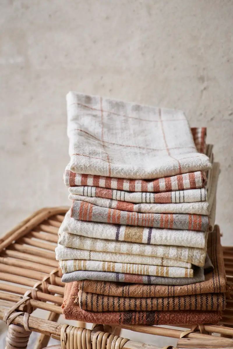 Kitchen towel, off white with mustard & plum stripes