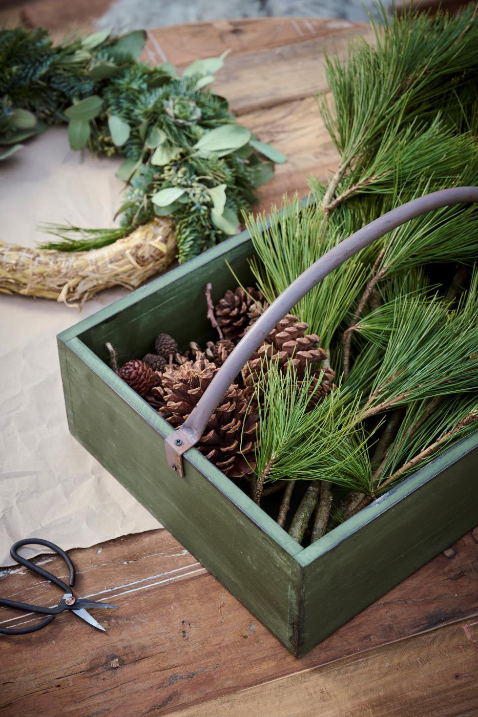 Vintage Green Wooden Carry Basket